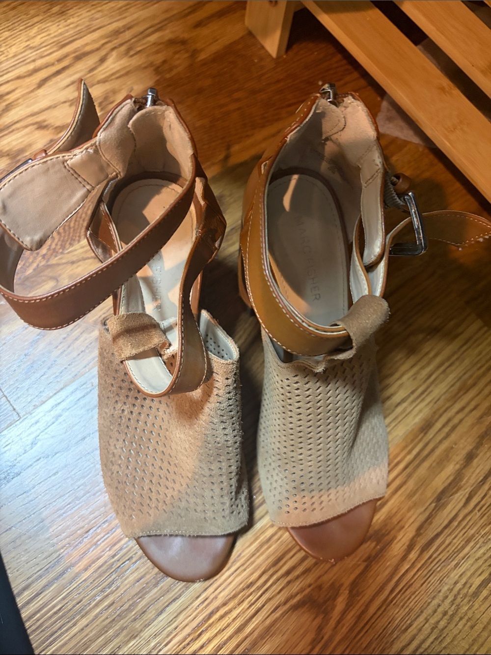 Marc Fisher Tan Perforated Suede Peep-Toe Ankle Strap Heels